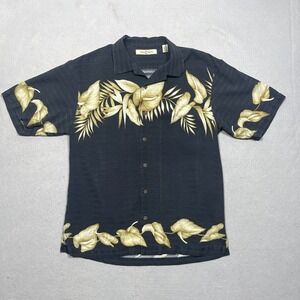 Tommy Bahama Silk Button Up Shirt Mens Medium Black Gold‎ Leaf Hawaiian Aloha